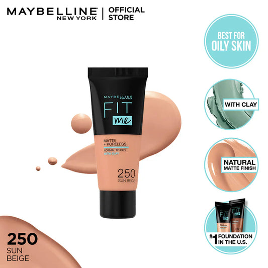 Maybelline New York Fit Me Matte & Poreless Liquid Foundation 18Ml Mini Tube - 250 Sun Beige  - For Normal To Oily Skin With Clay